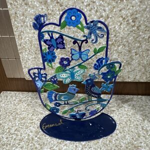 Hamsa Stand Blue Birds & Flowers, Paint + Enamel Lacquer 6'' Handmade in Israel